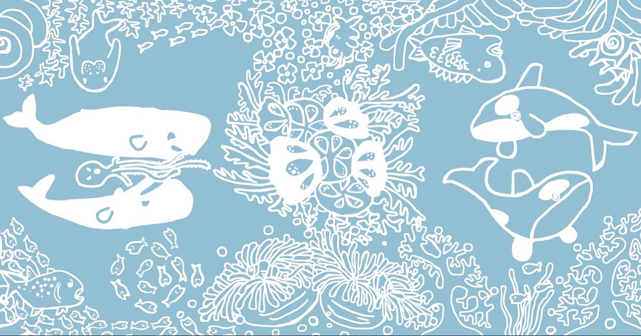 怜子の手書き　海の仲間達手ぬぐい (2025年版 薄い水色)