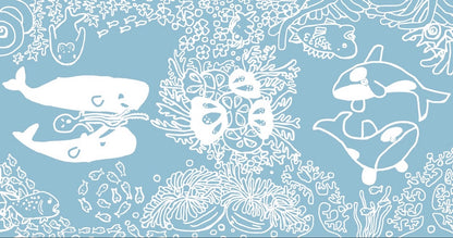 怜子の手書き　海の仲間達手ぬぐい (2025年版 薄い水色)
